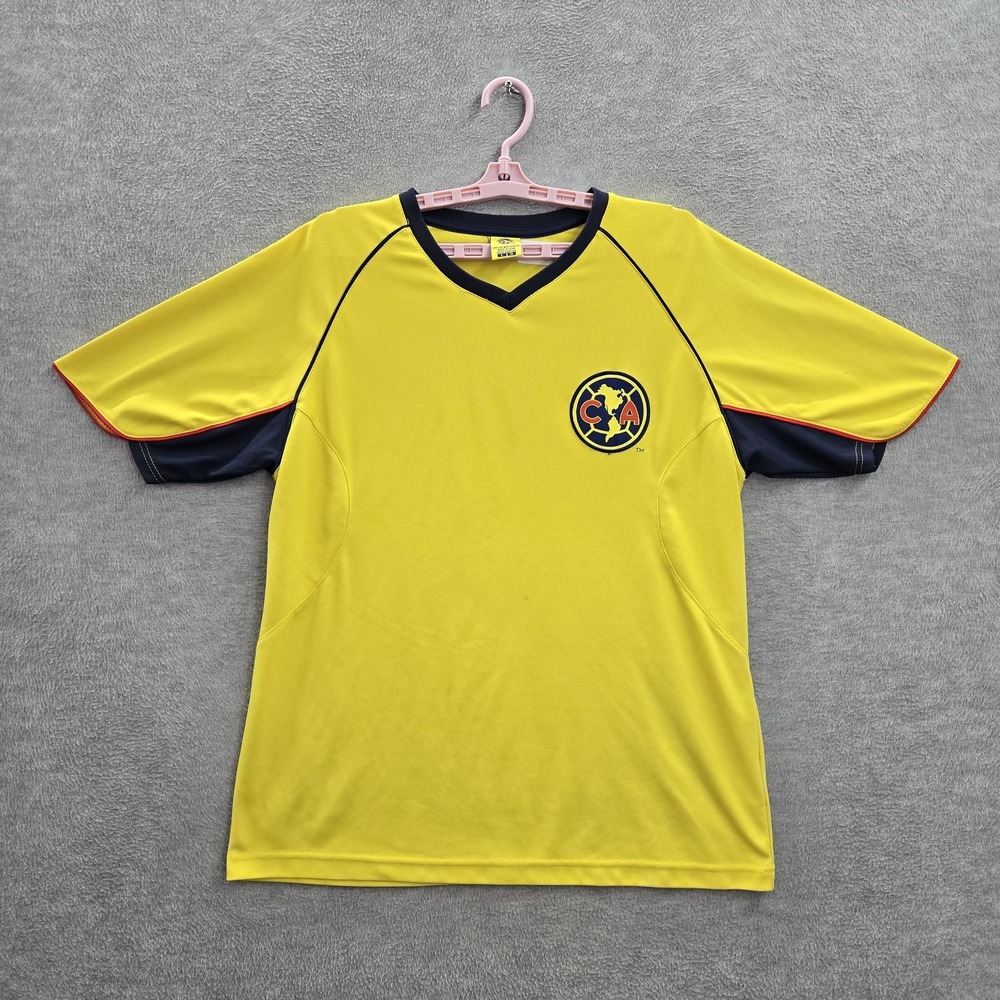 Club America Men Shirt L Yellow Short Sleeve Logo‎ Polyester Soccer